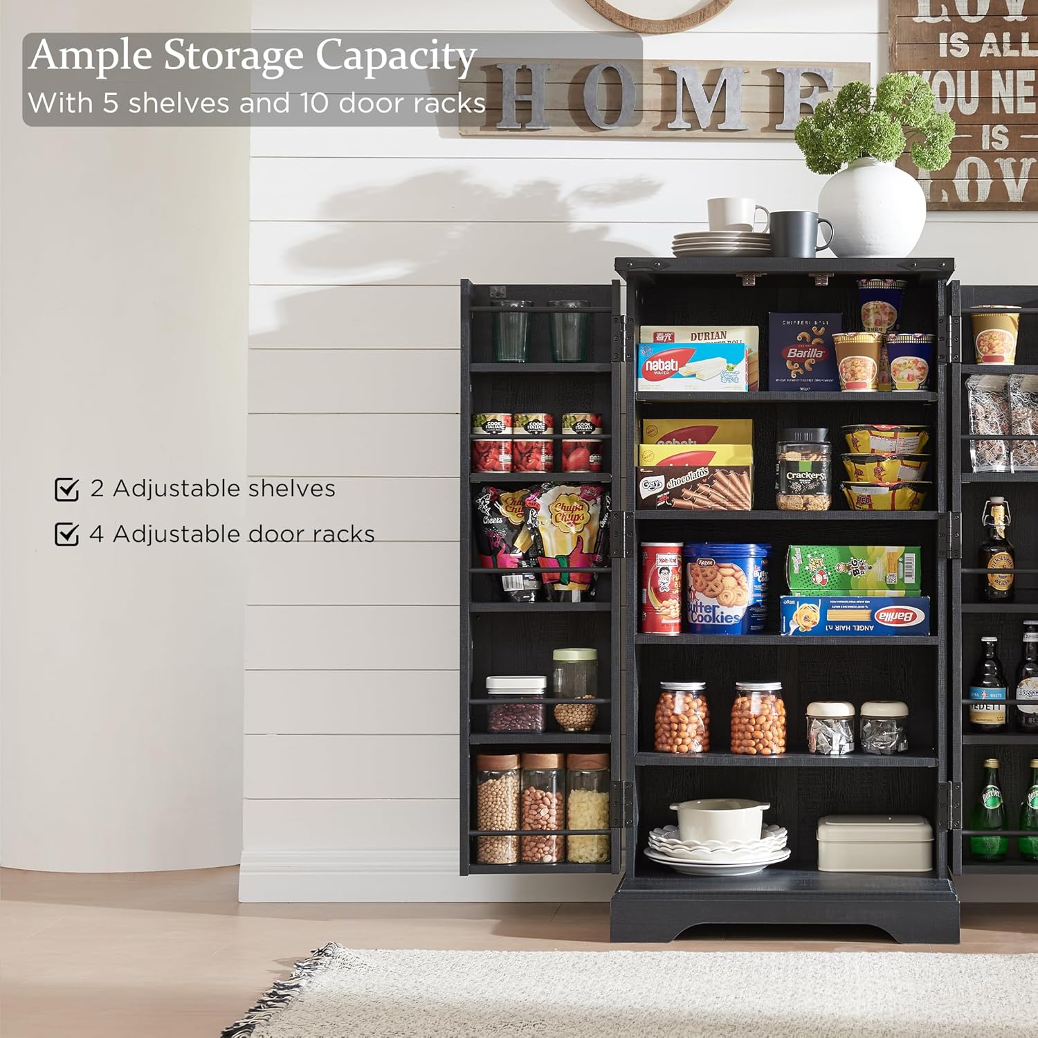 JXQTLINGMU 47" Wooden Storage Cabinet Farmhouse Pantry Organizer Black