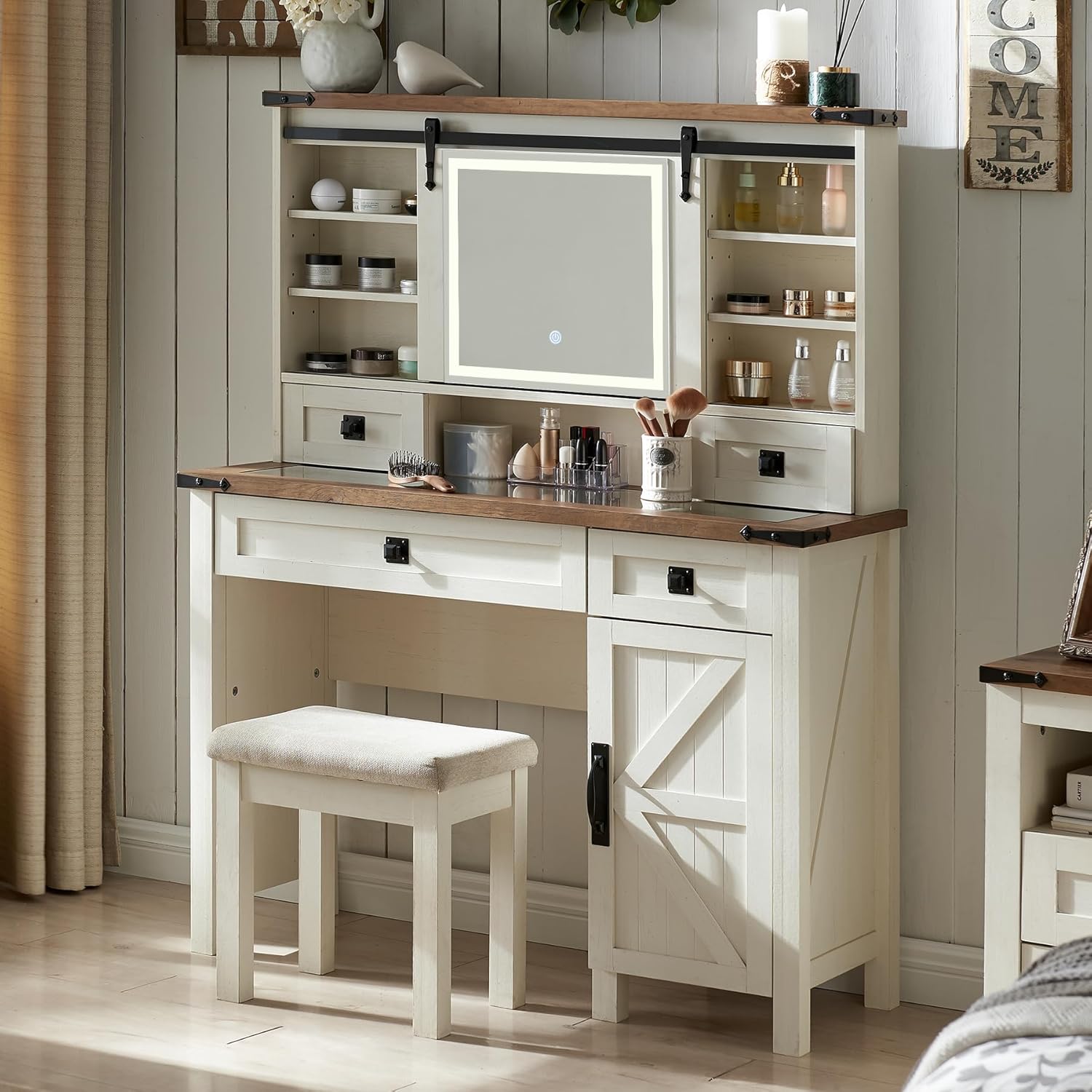 Farmhouse Makeup Vanity Desk with Sliding Mirror and Lights