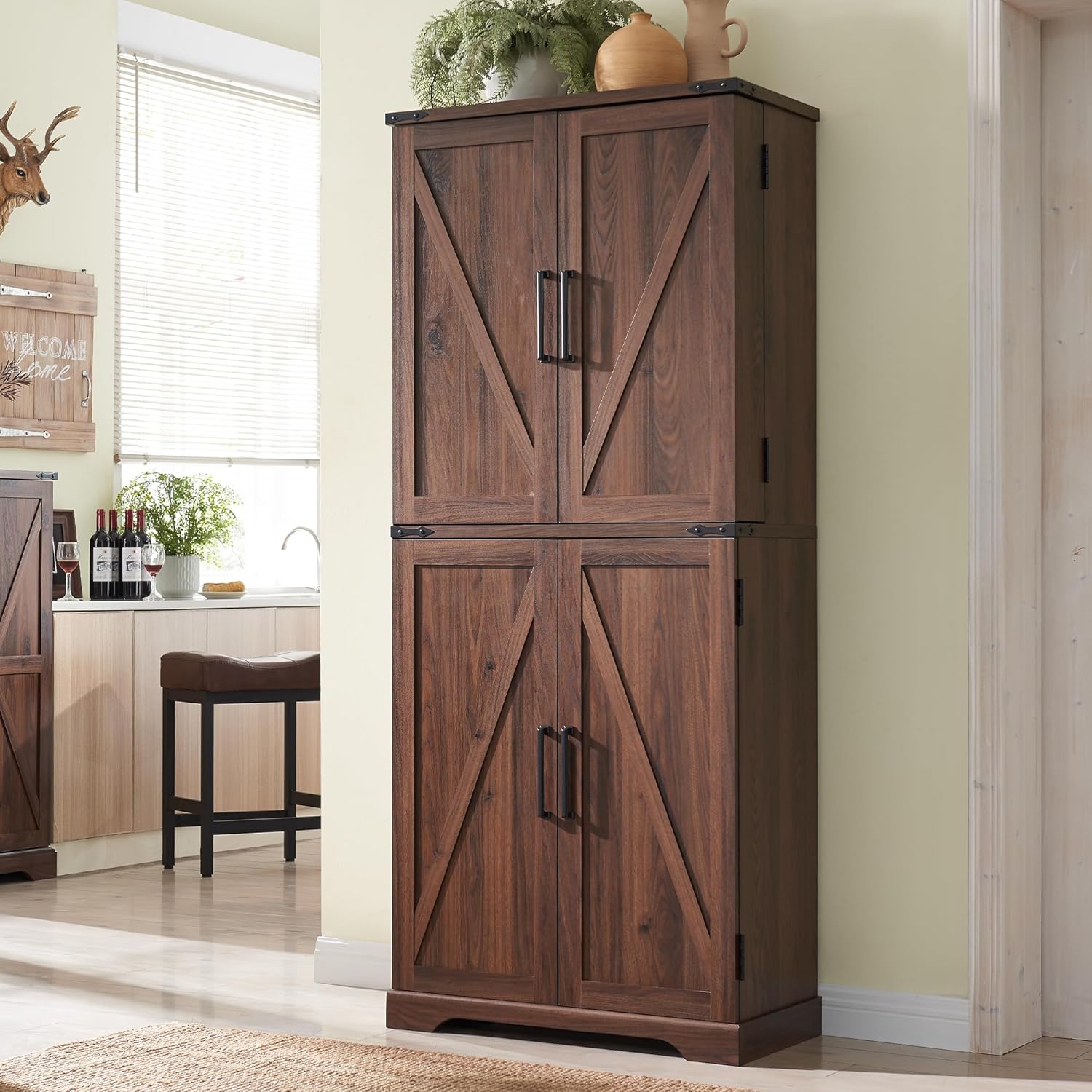 72" Farmhouse Kitchen Pantry Storage Cabinet with Barn Door and Shelves