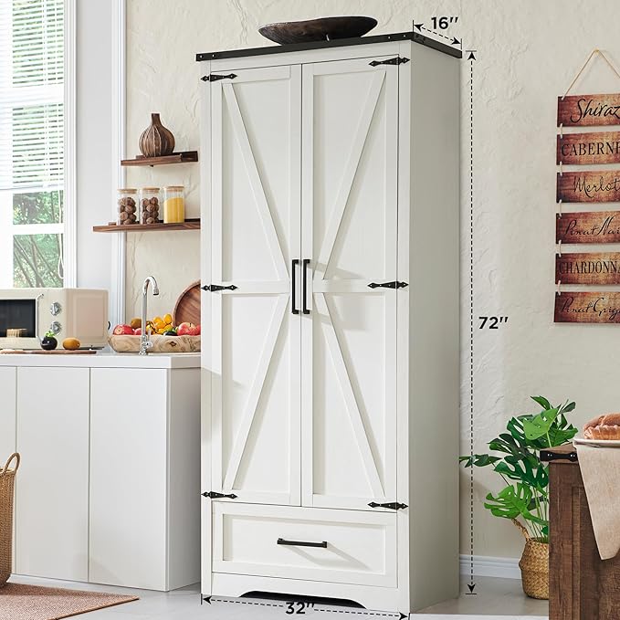 72" Farmhouse Kitchen Pantry Cabinet with Adjustable Shelves and Barn Doors
