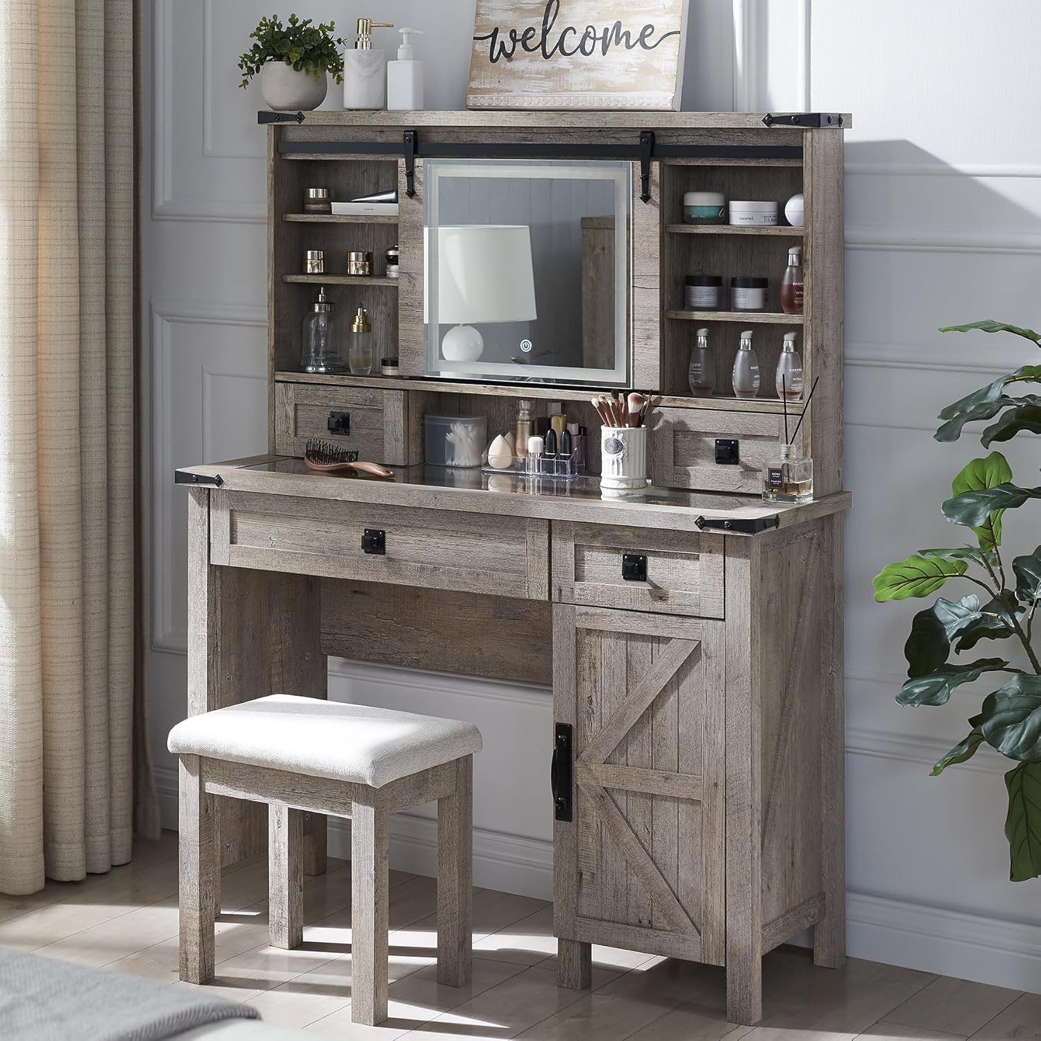 Farmhouse Makeup Vanity Desk with Sliding Mirror and Lights