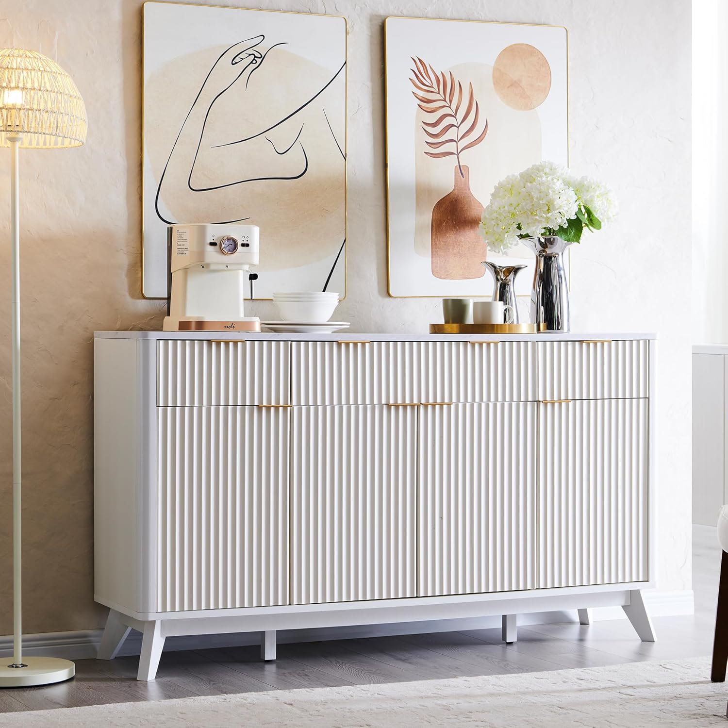OKD 60" White Fluted Buffet Sideboard Cabinet with Storage