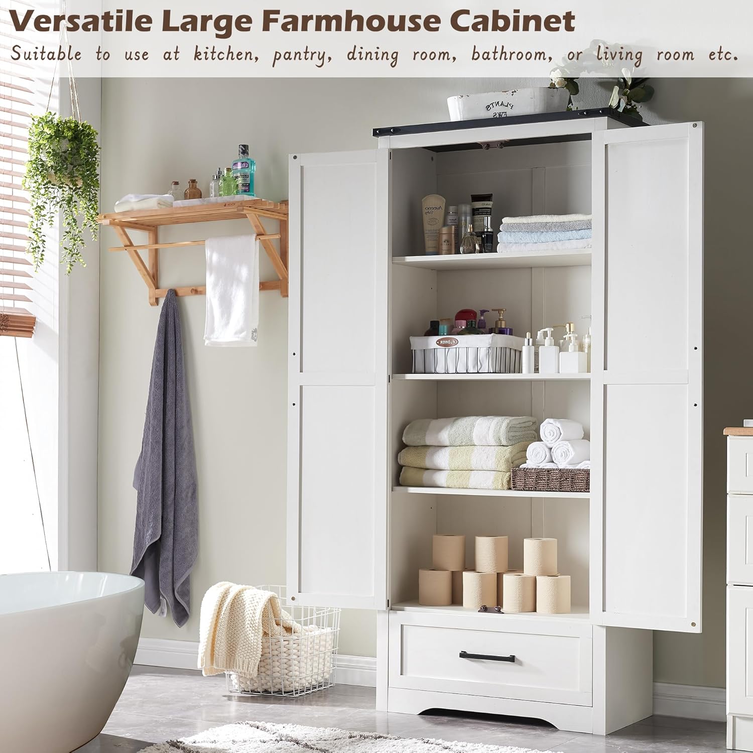 72" Farmhouse Kitchen Pantry Cabinet with Adjustable Shelves and Barn Doors