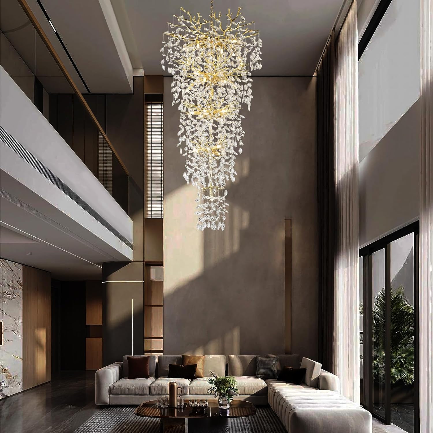 63'' Long Crystal Chandelier for High Ceiling, 28-Light Modern Gold Tree Branch Chandelier, Large Chandeliers for Foyer Entryway Staircase Living Room, 5-Tier Luxury K9 Crystal Raine Light Fixture