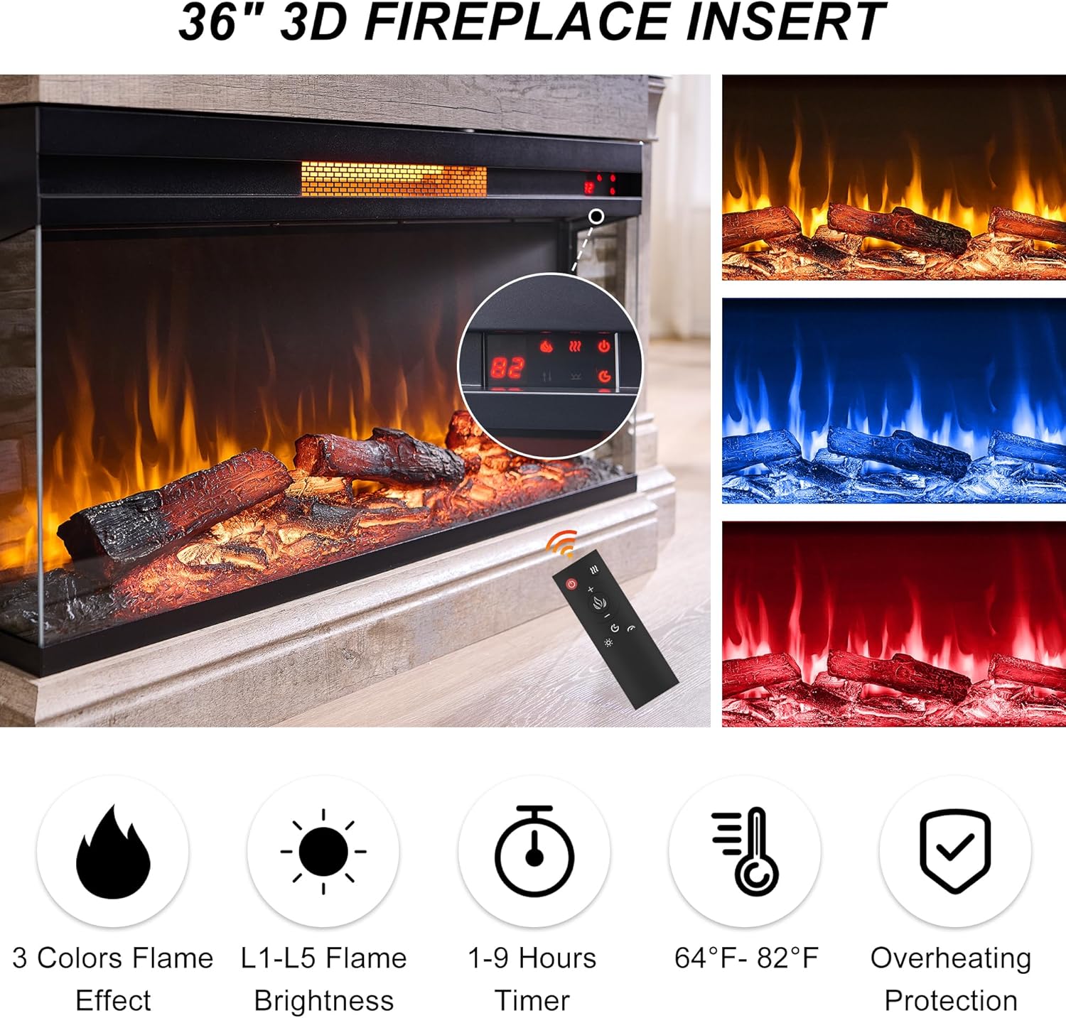 OKD 52" Electric Fireplace TV Stand with 3-Side Glass