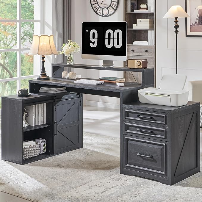 JXQTLINGMU 67 Inch Modern Farmhouse Computer Desk with File Cabinet