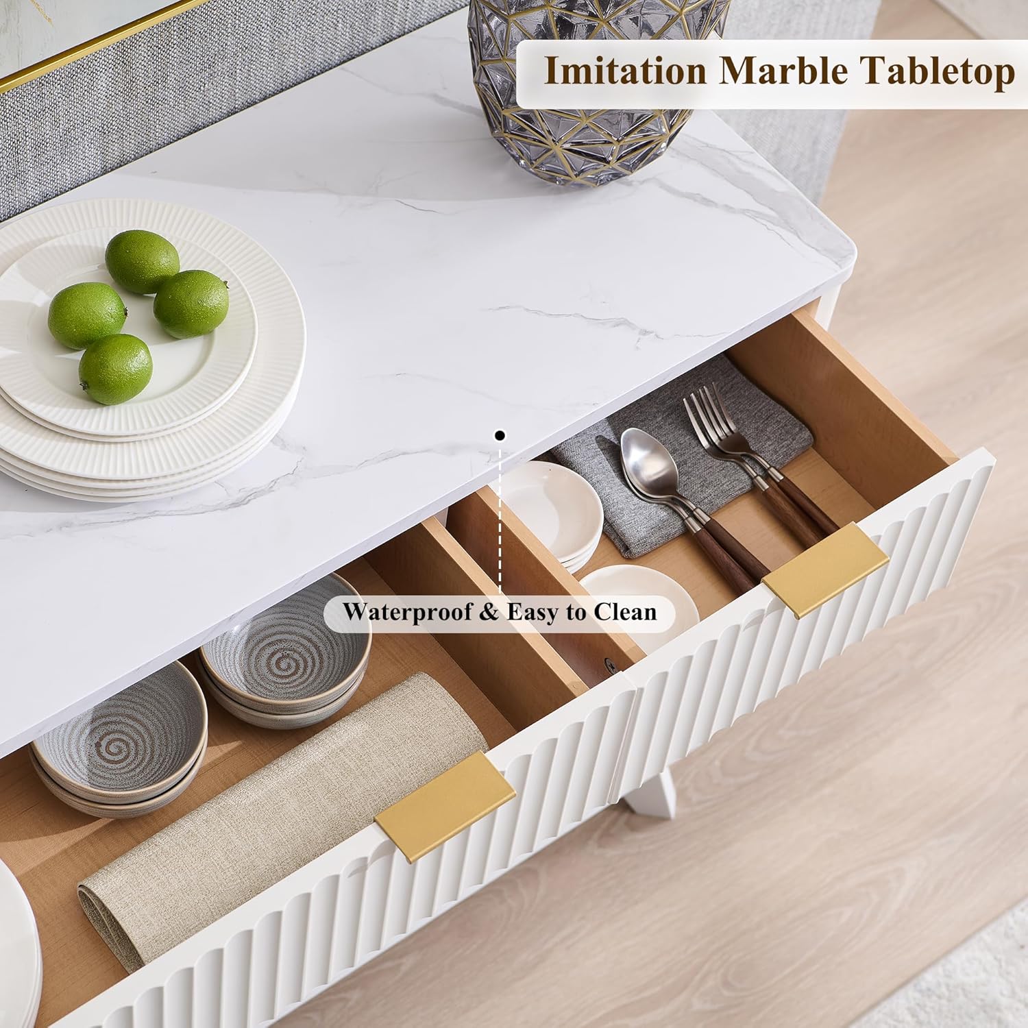 OKD 60" White Fluted Buffet Sideboard Cabinet with Storage