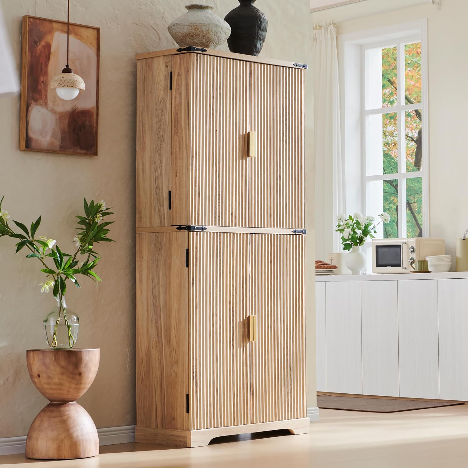 72" Fluted Natural Oak Pantry Cabinet | 4 Doors & Shelves