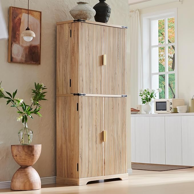 72" Fluted Natural Oak Pantry Cabinet | 4 Doors & Shelves