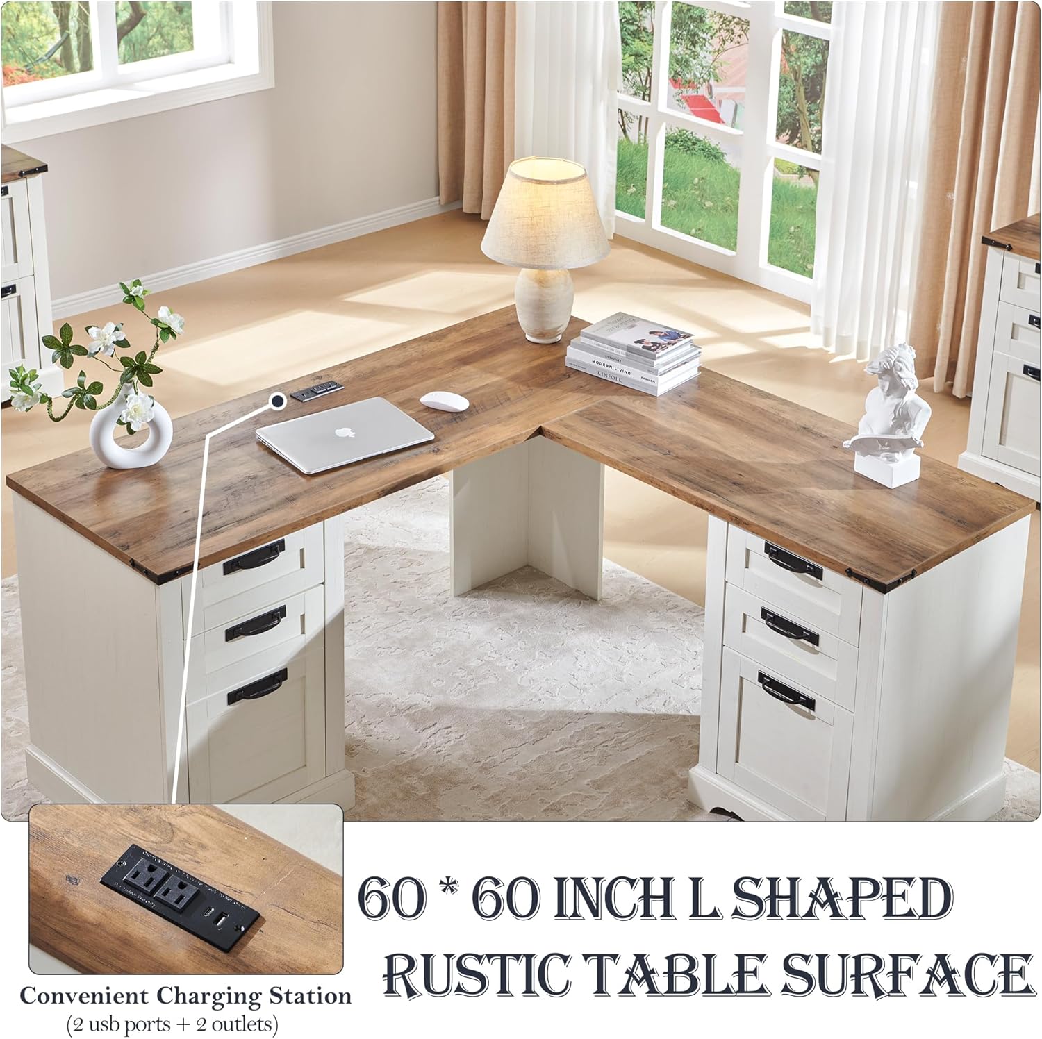 60" Farmhouse L Shaped Desk with Charging Station and Drawers