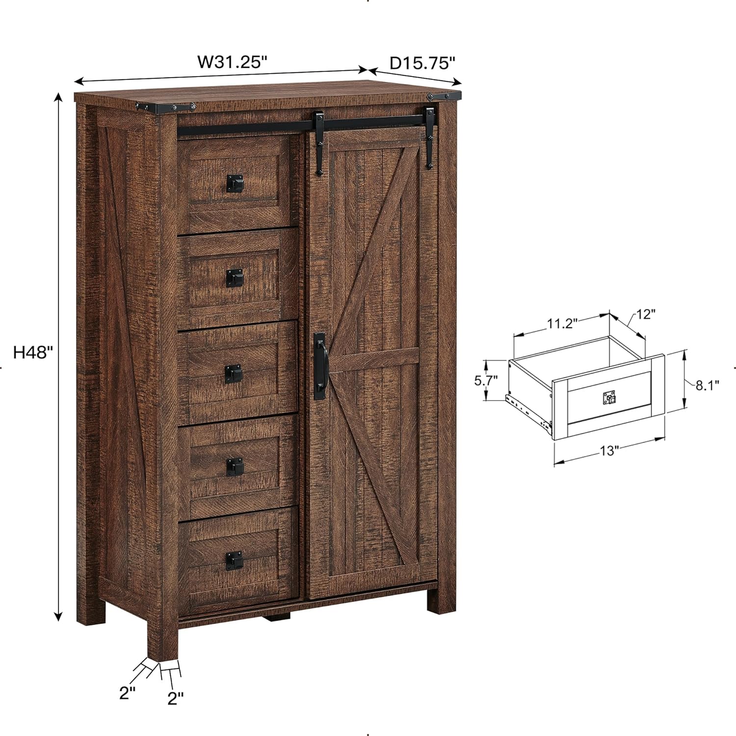 5 Drawer Farmhouse Dresser with Sliding Barn Door