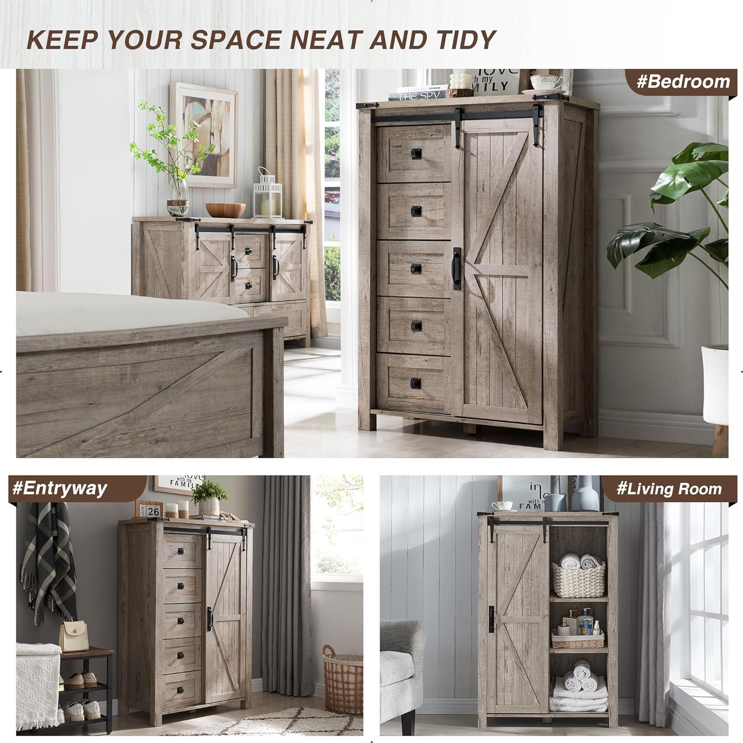 T4TREAM 5 Drawer Farmhouse Dresser with Sliding Barn Door