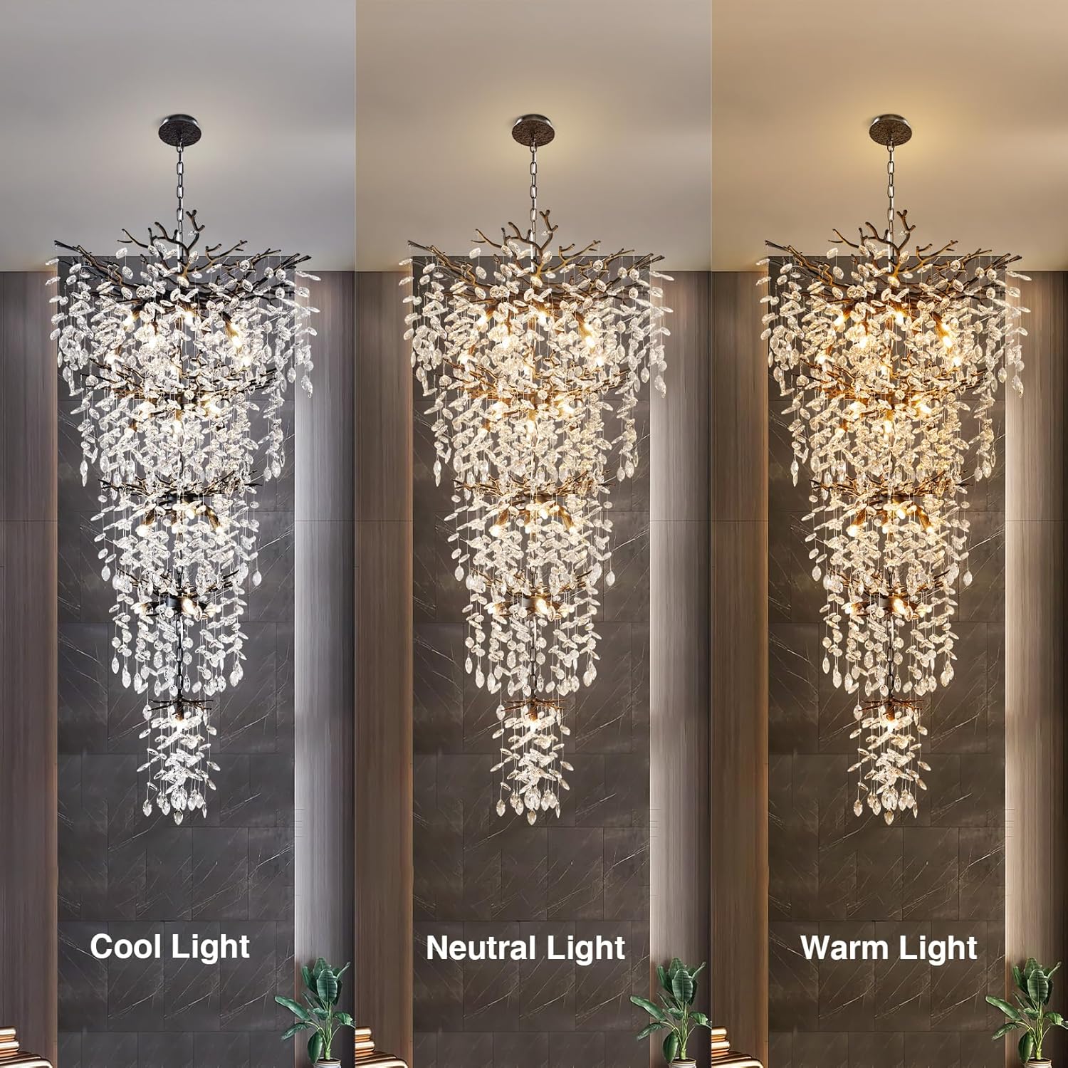 63" Long Crystal Chandelier for High Ceiling, 28-Light Black Tree Branch Chandelier, Modern Large Chandeliers for Staircase, Foyer, Entryway, Living Room, 5-Tier Luxury K9 Raine Light Fixture