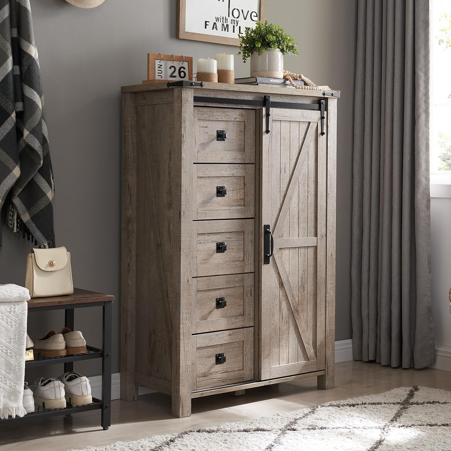 T4TREAM 5 Drawer Farmhouse Dresser with Sliding Barn Door