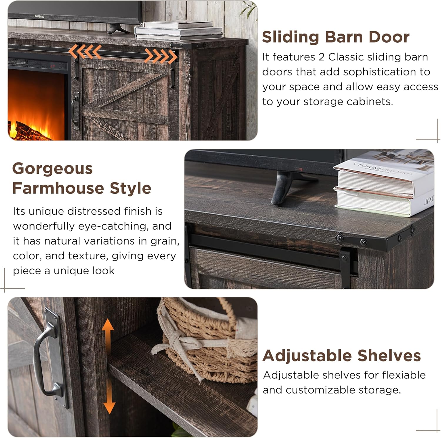 OKD 66 Inch Farmhouse Fireplace TV Stand for 75 Inch TV