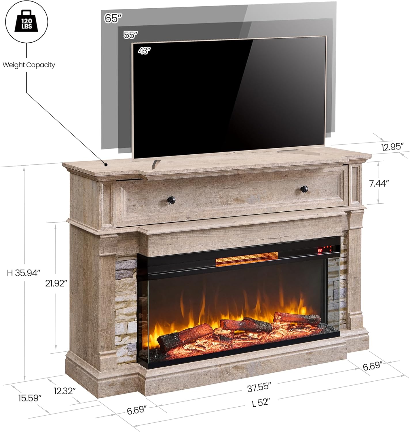 OKD 52" Electric Fireplace TV Stand with 3-Side Glass