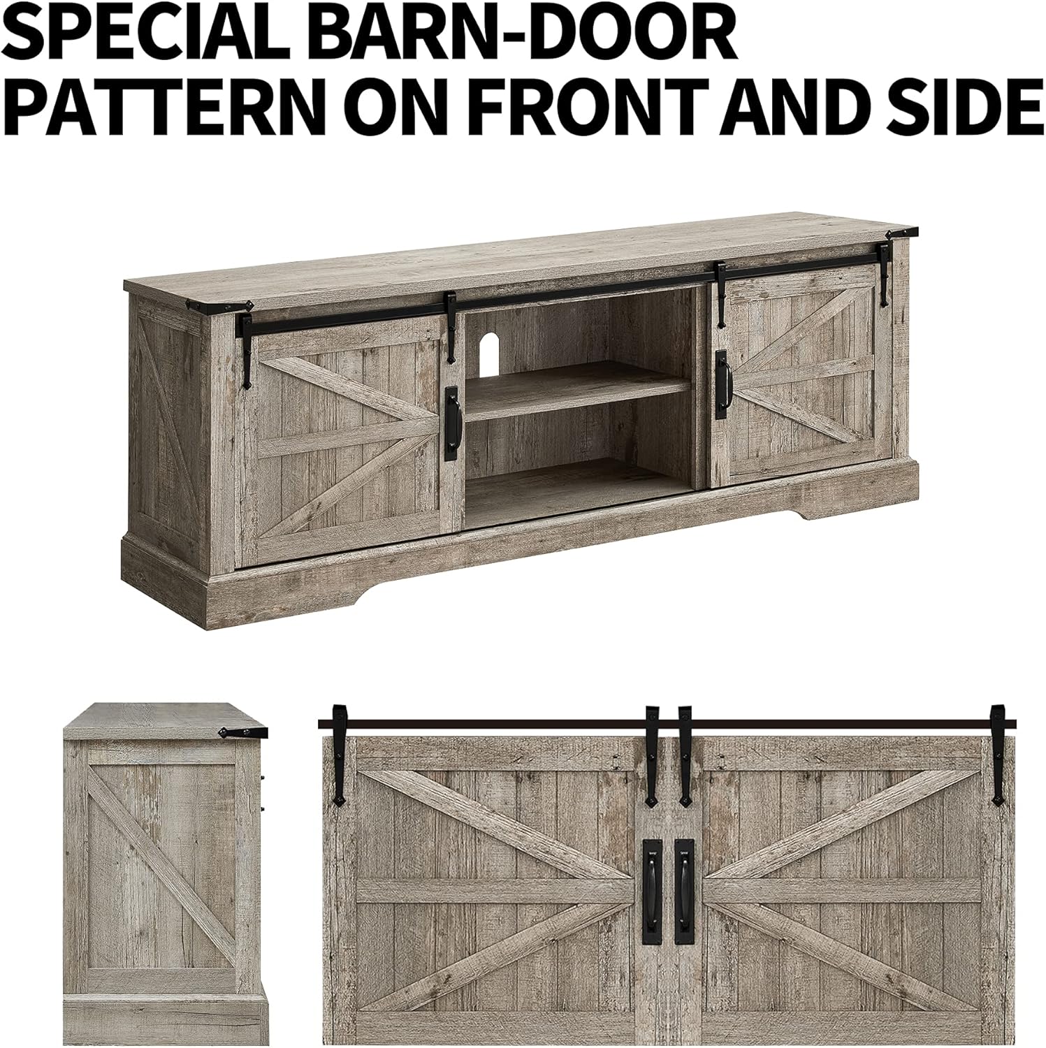 66" Farmhouse Entertainment Center with Sliding Barn Door for 75" TV