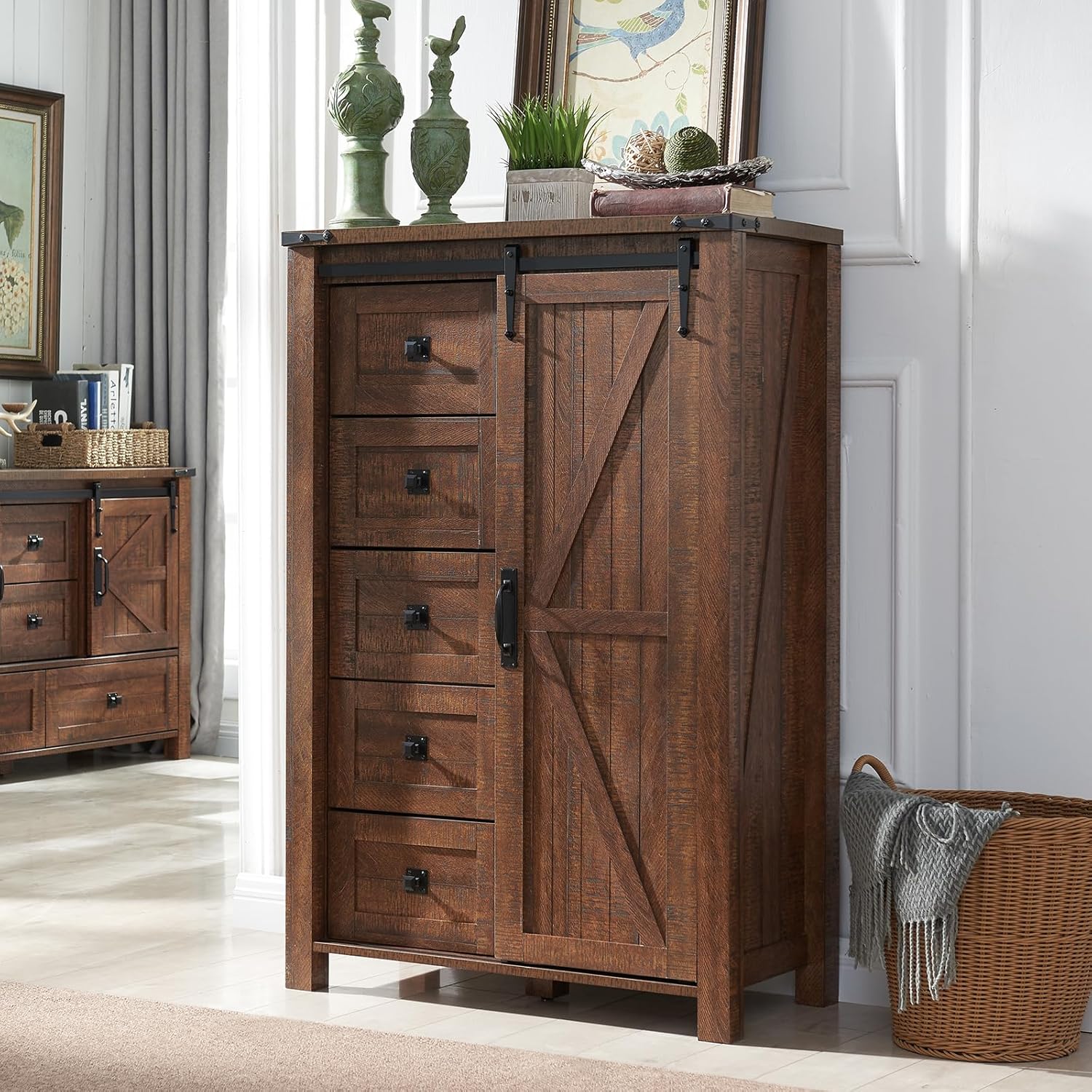 5 Drawer Farmhouse Dresser with Sliding Barn Door