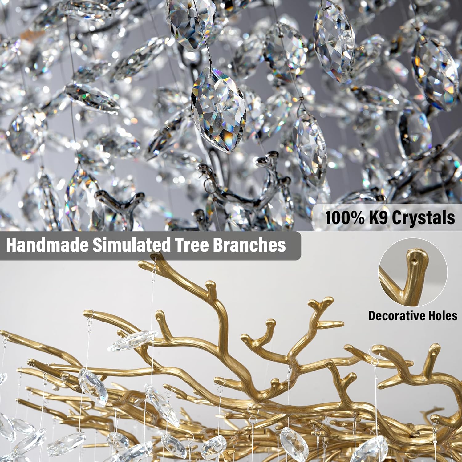 63'' Long Crystal Chandelier for High Ceiling, 28-Light Modern Gold Tree Branch Chandelier, Large Chandeliers for Foyer Entryway Staircase Living Room, 5-Tier Luxury K9 Crystal Raine Light Fixture