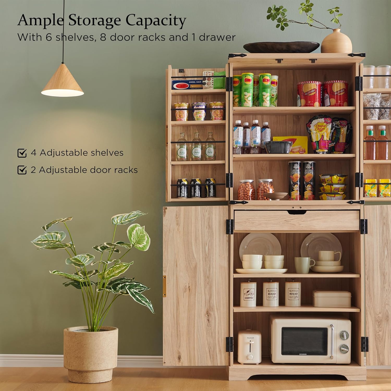 72" Fluted Natural Oak Pantry Cabinet | 4 Doors & Shelves