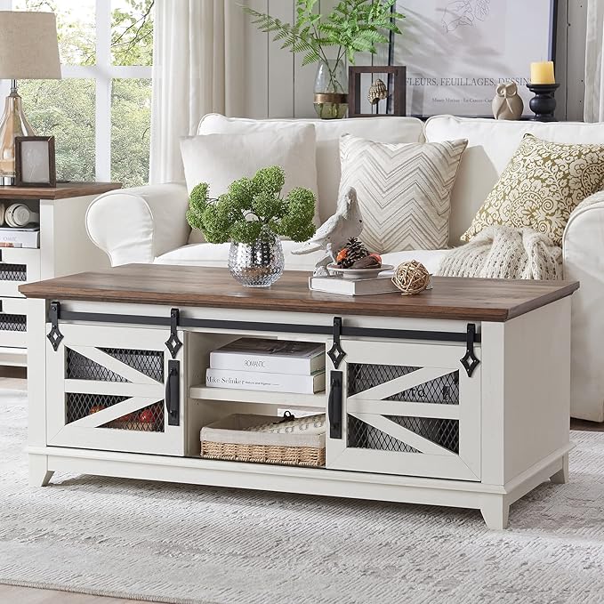 OKD 48'' Farmhouse Coffee Table with Storage and Sliding Barn Doors