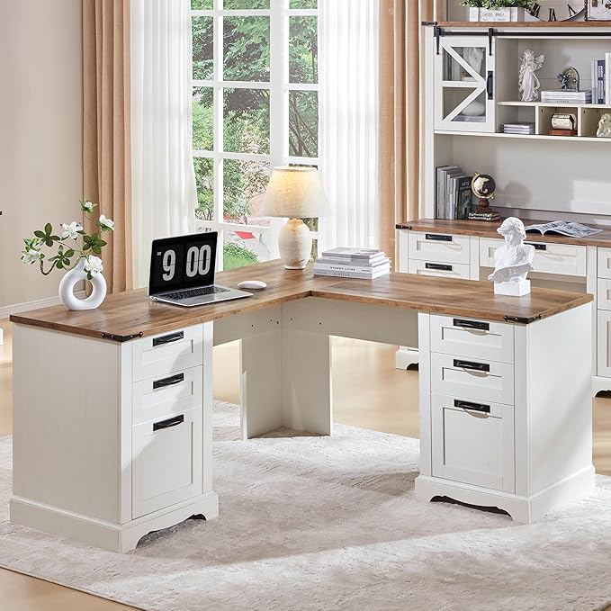 60" Farmhouse L Shaped Desk with Charging Station and Drawers
