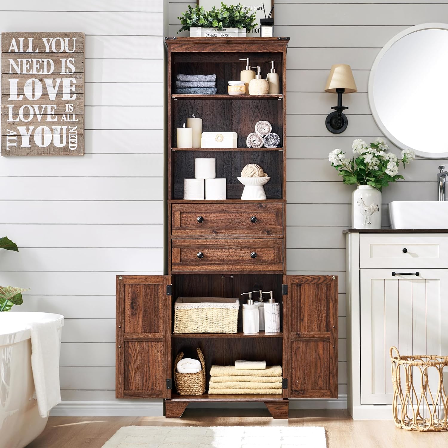 72" Tall Farmhouse Bathroom Storage Cabinet with Adjustable Shelves and Barn Door