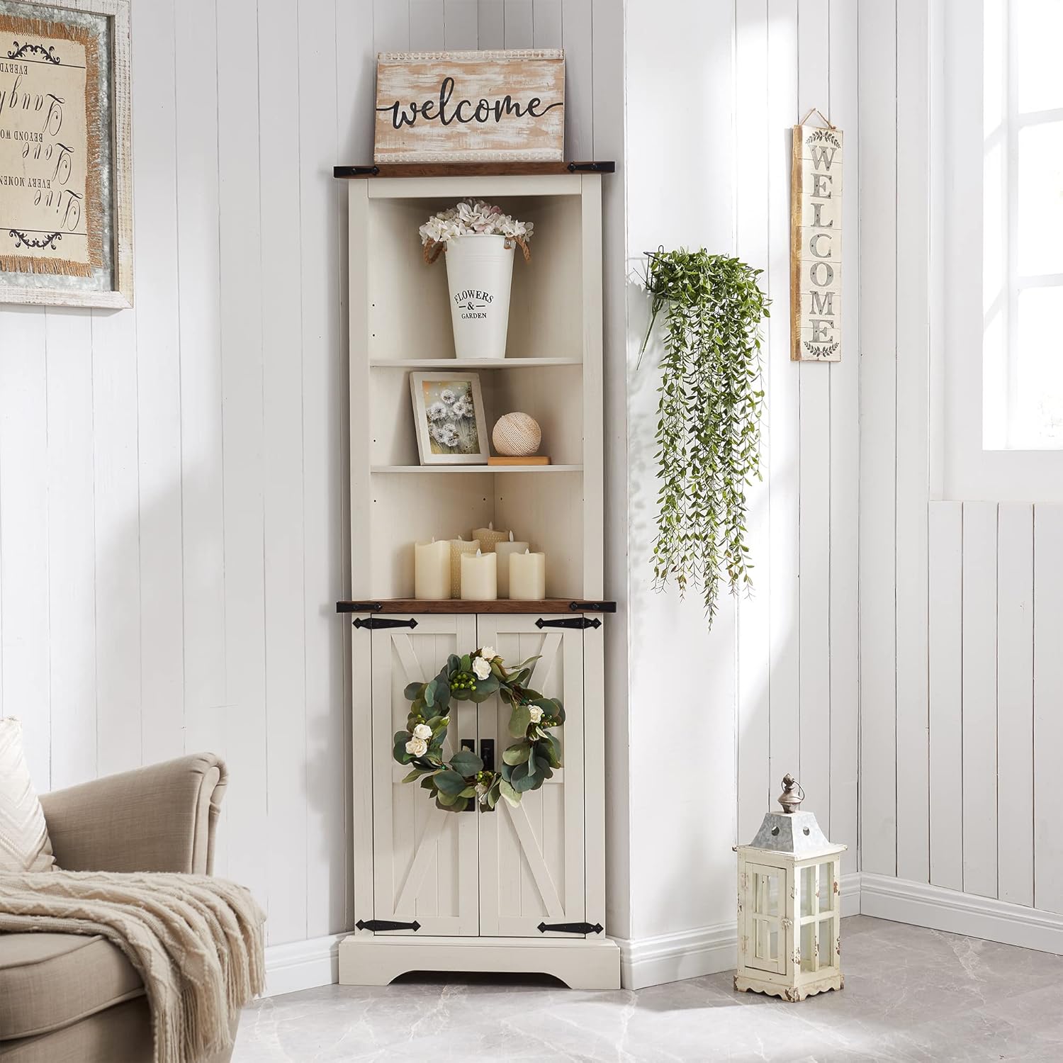 OKD Tall Corner Cabinet Farmhouse Storage Cabinet with Barn Door