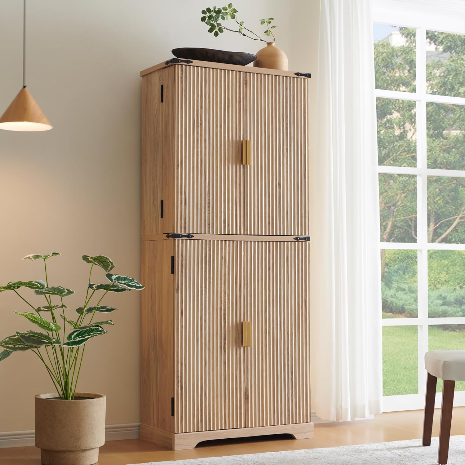 72" Fluted Natural Oak Pantry Cabinet | 4 Doors & Shelves