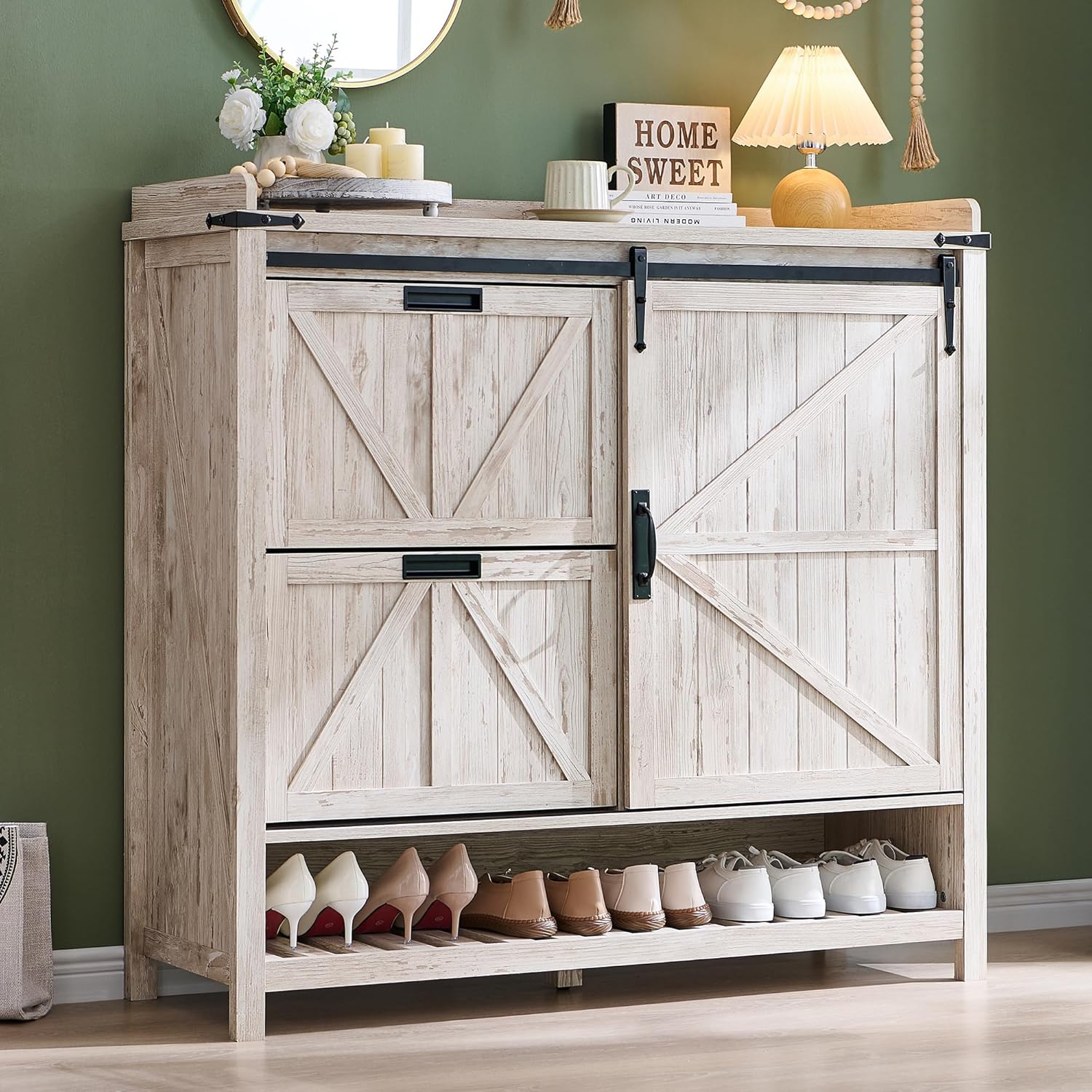 Farmhouse Shoe Storage Cabinet - 2 Flip Drawers and Sliding Door