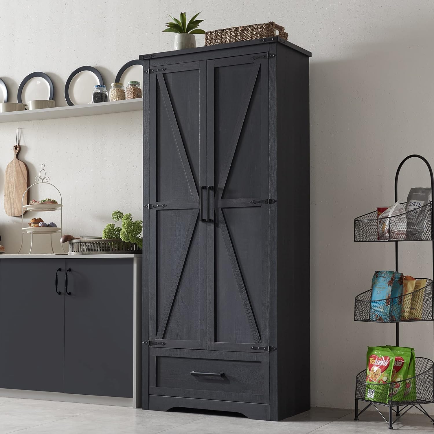 72" Farmhouse Kitchen Pantry Cabinet with Adjustable Shelves and Barn Doors