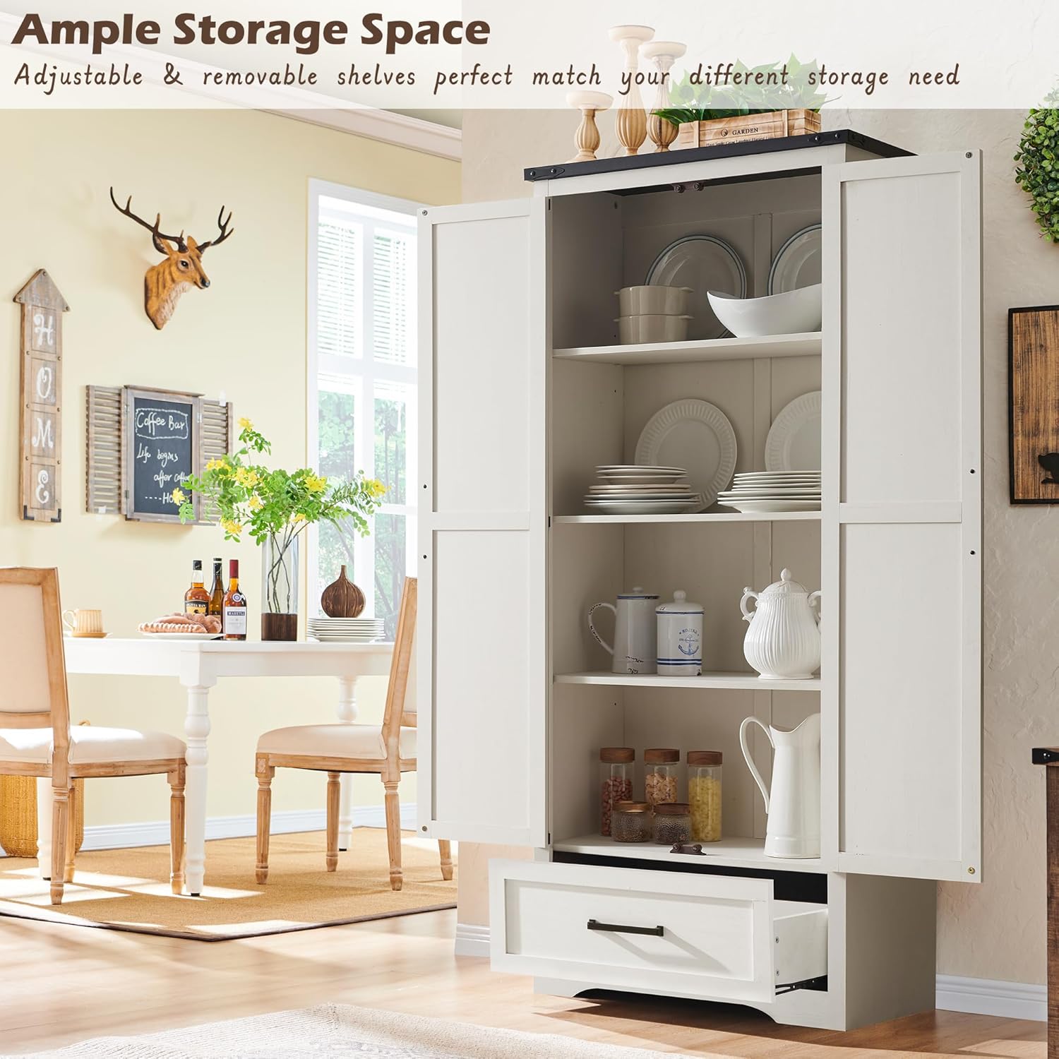 72" Farmhouse Kitchen Pantry Cabinet with Adjustable Shelves and Barn Doors