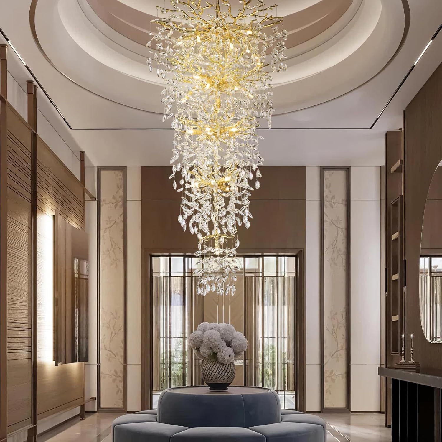63'' Long Crystal Chandelier for High Ceiling, 28-Light Modern Gold Tree Branch Chandelier, Large Chandeliers for Foyer Entryway Staircase Living Room, 5-Tier Luxury K9 Crystal Raine Light Fixture