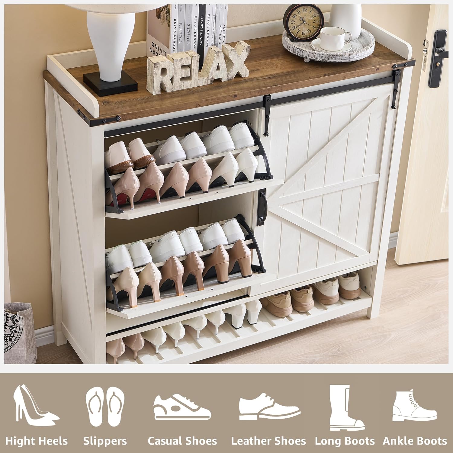 OKD Farmhouse Shoe Storage Cabinet - 2 Flip Drawers and Sliding Door