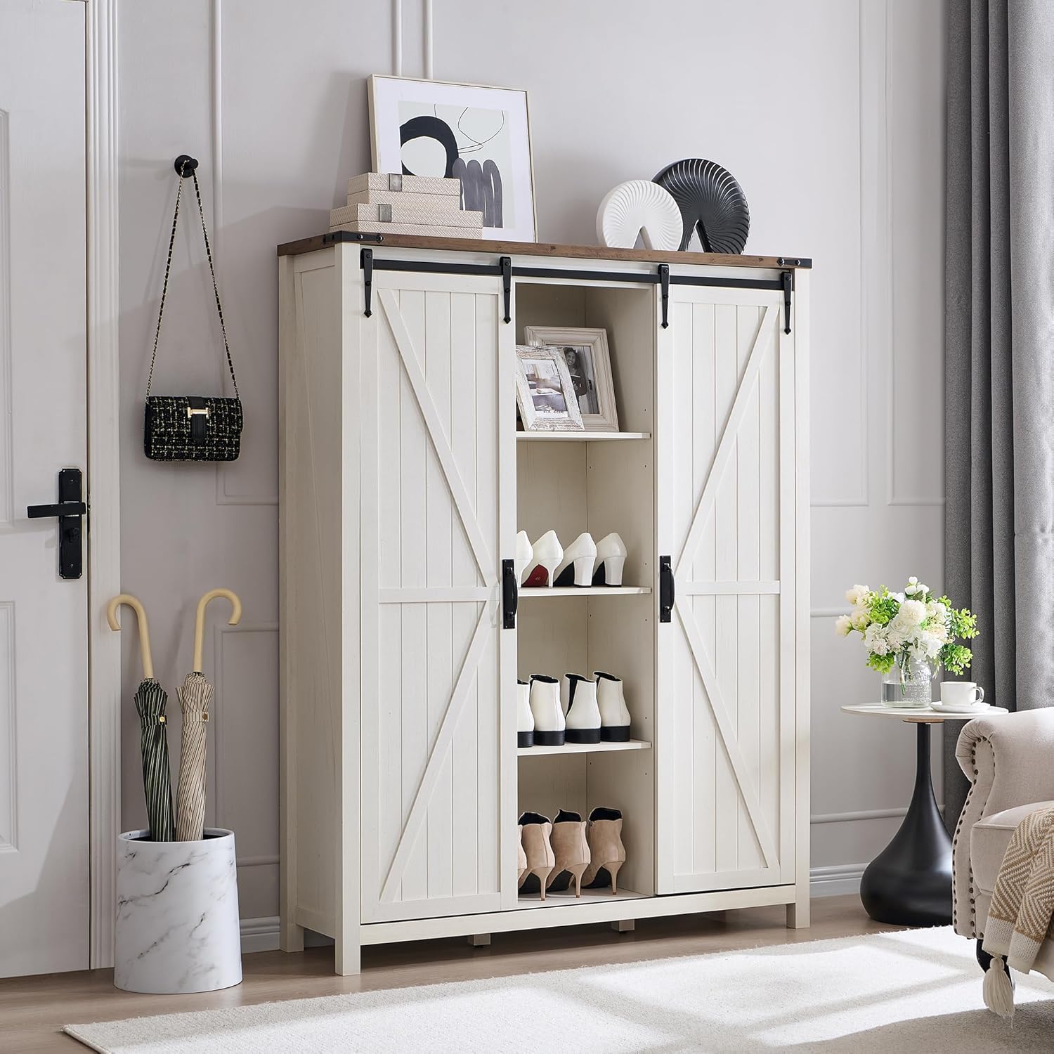 OKD: 7-Tier Antique White Farmhouse Shoe Storage Cabinet Organizer