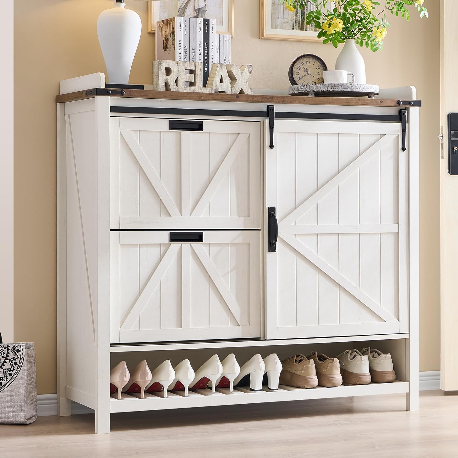 OKD Farmhouse Shoe Storage Cabinet - 2 Flip Drawers and Sliding Door