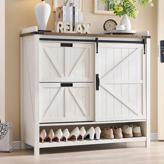 OKD Farmhouse Shoe Storage Cabinet - 2 Flip Drawers and Sliding Door