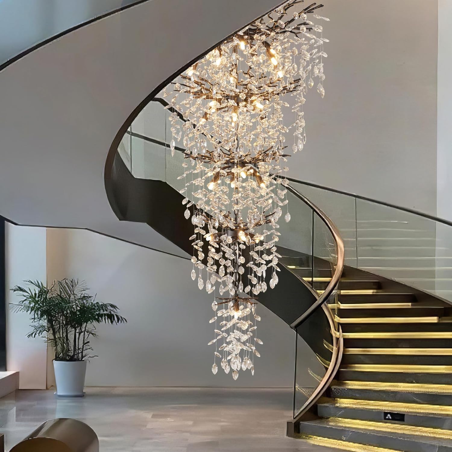 63" Long Crystal Chandelier for High Ceiling, 28-Light Black Tree Branch Chandelier, Modern Large Chandeliers for Staircase, Foyer, Entryway, Living Room, 5-Tier Luxury K9 Raine Light Fixture