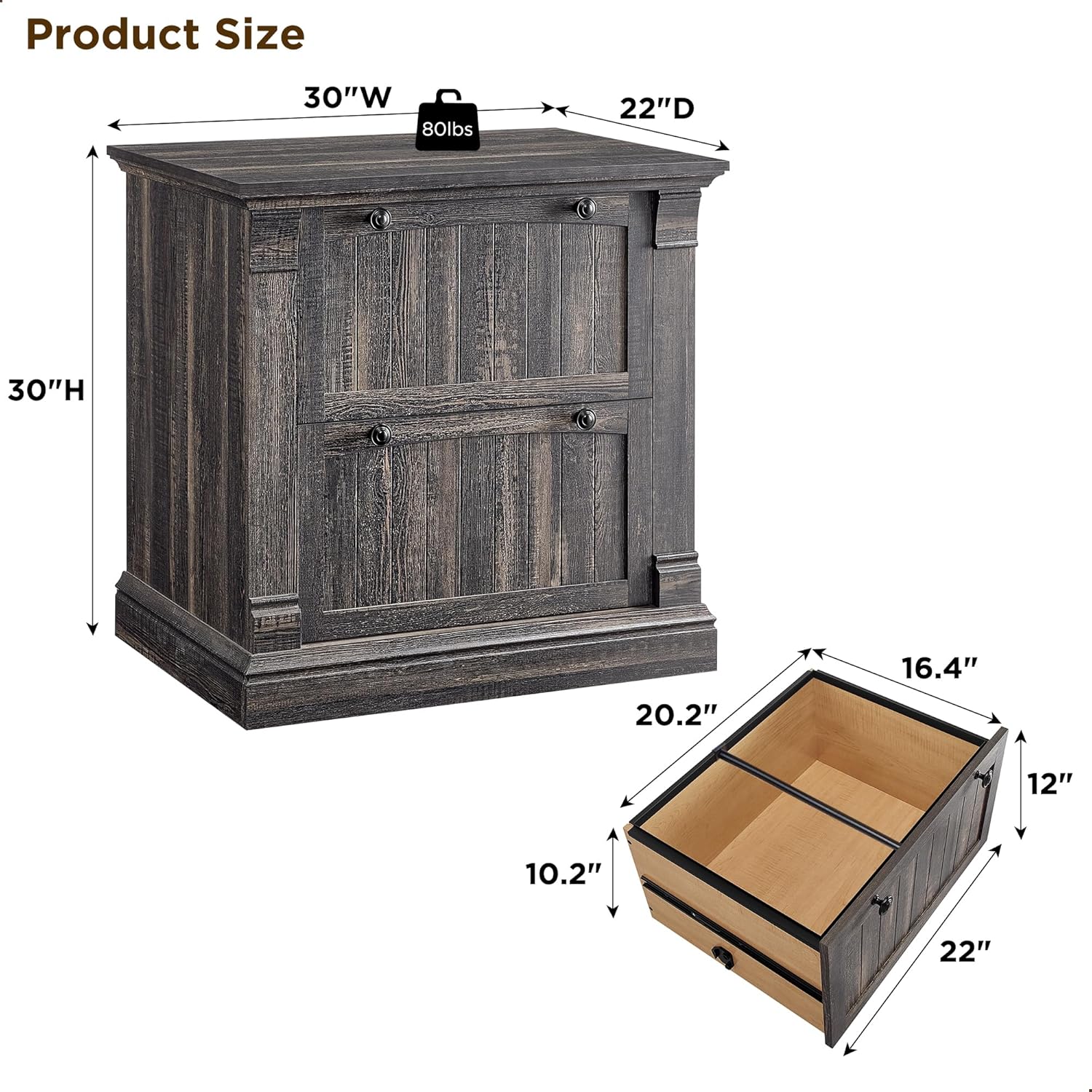 OKD Farmhouse 2-Drawer Lateral Filing Cabinet with Hanging File Folders