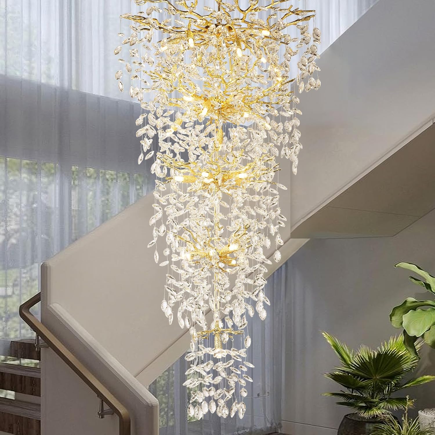63'' Long Crystal Chandelier for High Ceiling, 28-Light Modern Gold Tree Branch Chandelier, Large Chandeliers for Foyer Entryway Staircase Living Room, 5-Tier Luxury K9 Crystal Raine Light Fixture