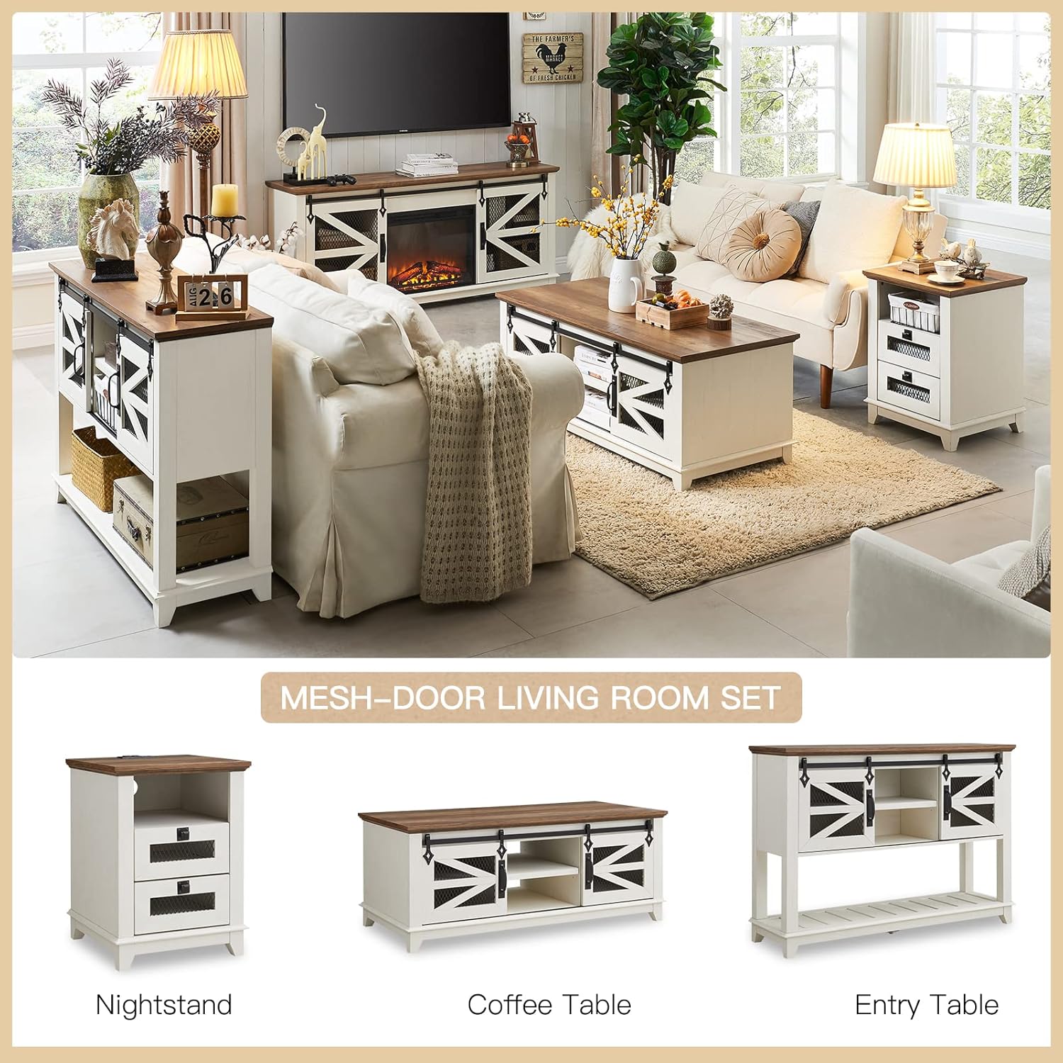 OKD 48'' Farmhouse Coffee Table with Storage and Sliding Barn Doors