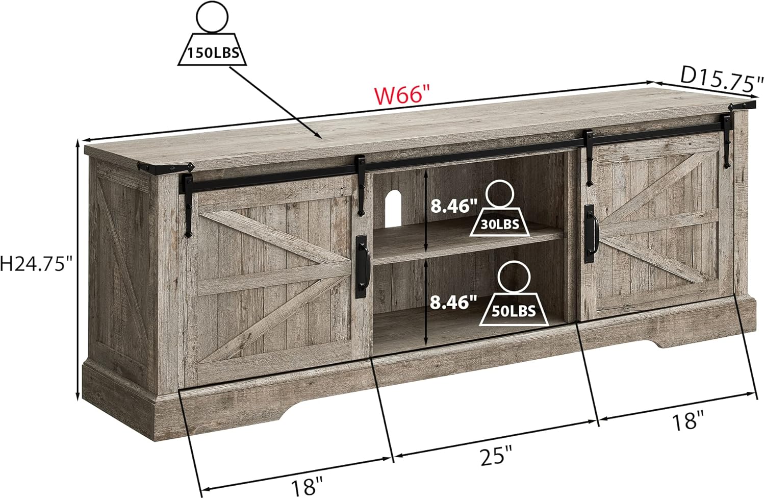 66" Farmhouse Entertainment Center with Sliding Barn Door for 75" TV