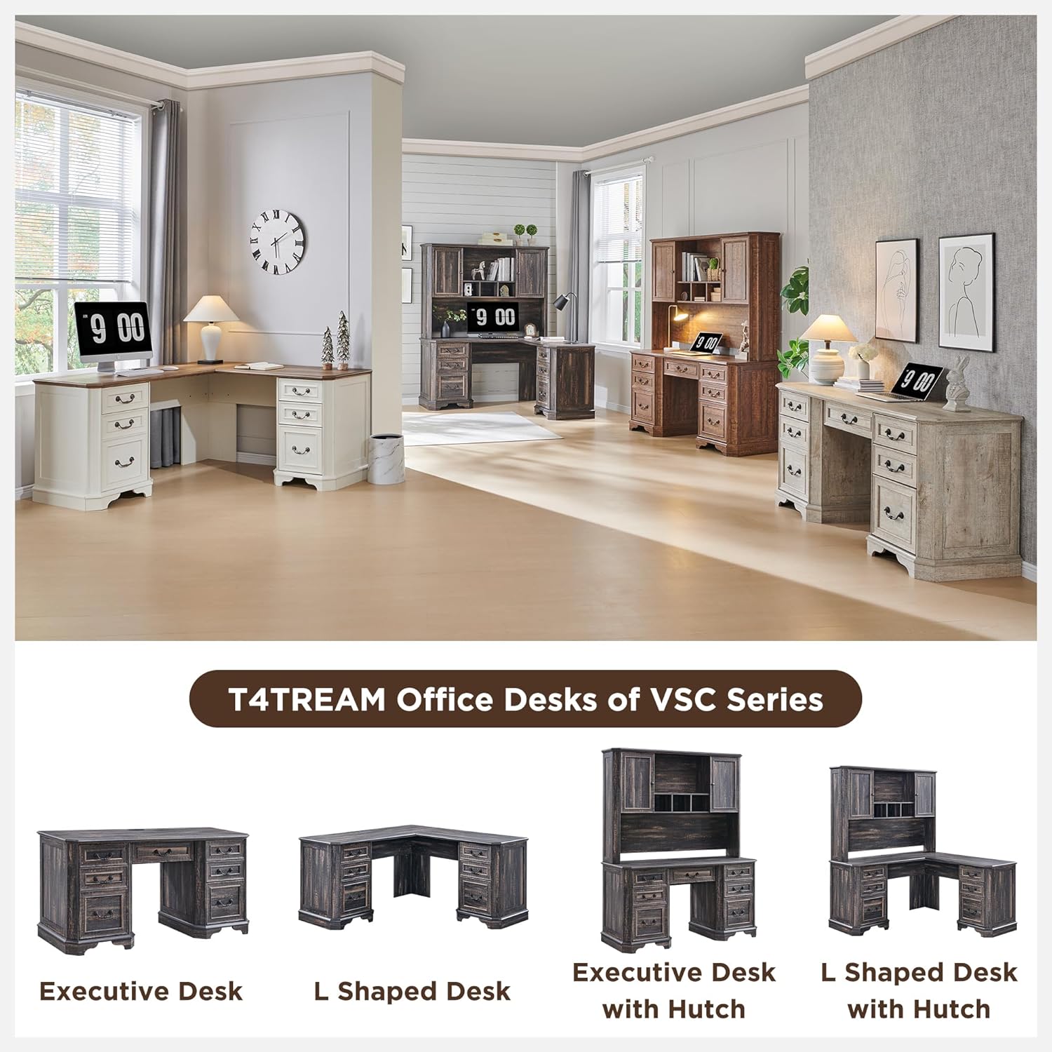 T4TREAM 59" Farmhouse Executive Desk with Drawers & Charging Station