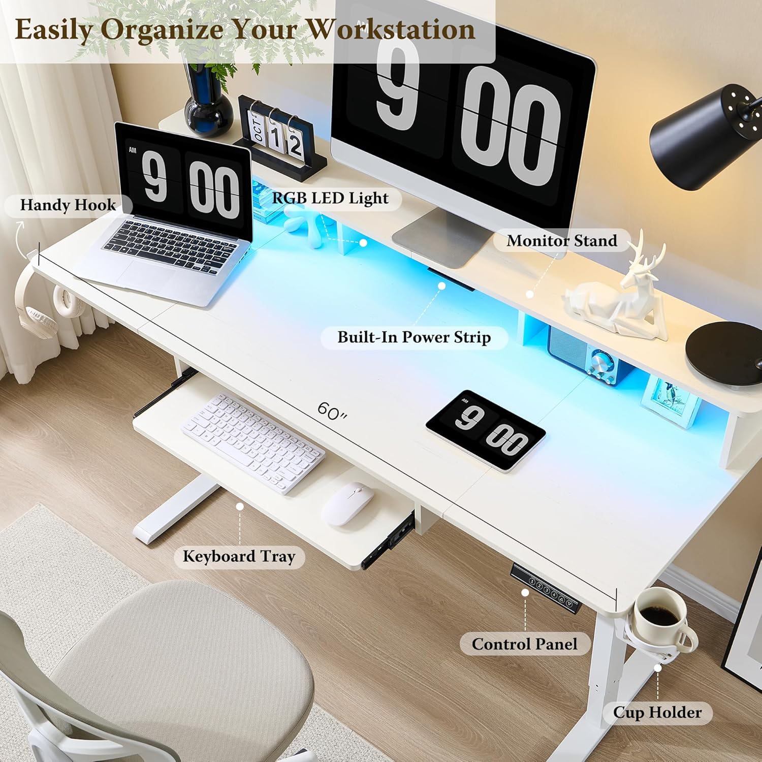 OKD 60" Electric Standing Desk with Keyboard Tray and Monitor Shelf