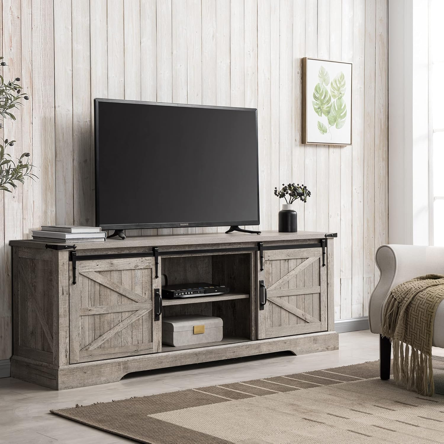 66" Farmhouse Entertainment Center with Sliding Barn Door for 75" TV