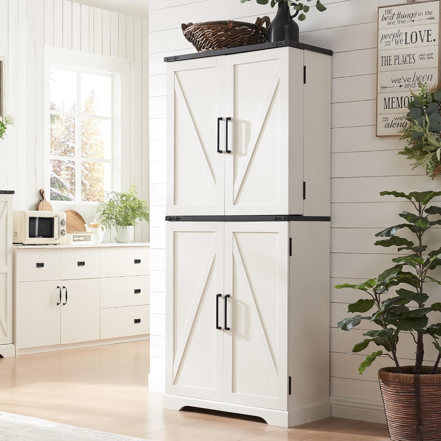 72" Farmhouse Kitchen Pantry Storage Cabinet with Barn Door and Shelves