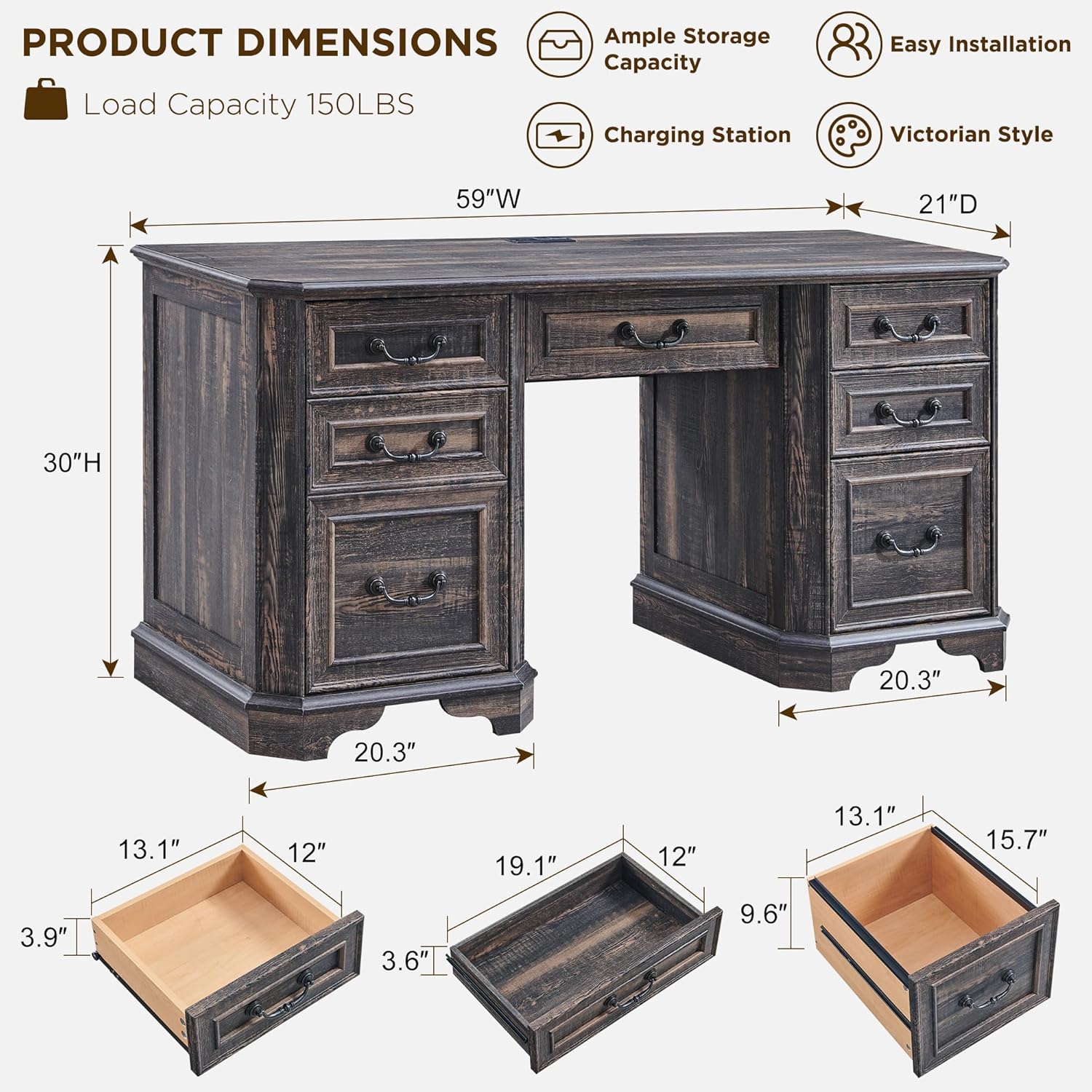T4TREAM 59" Farmhouse Executive Desk with Drawers & Charging Station