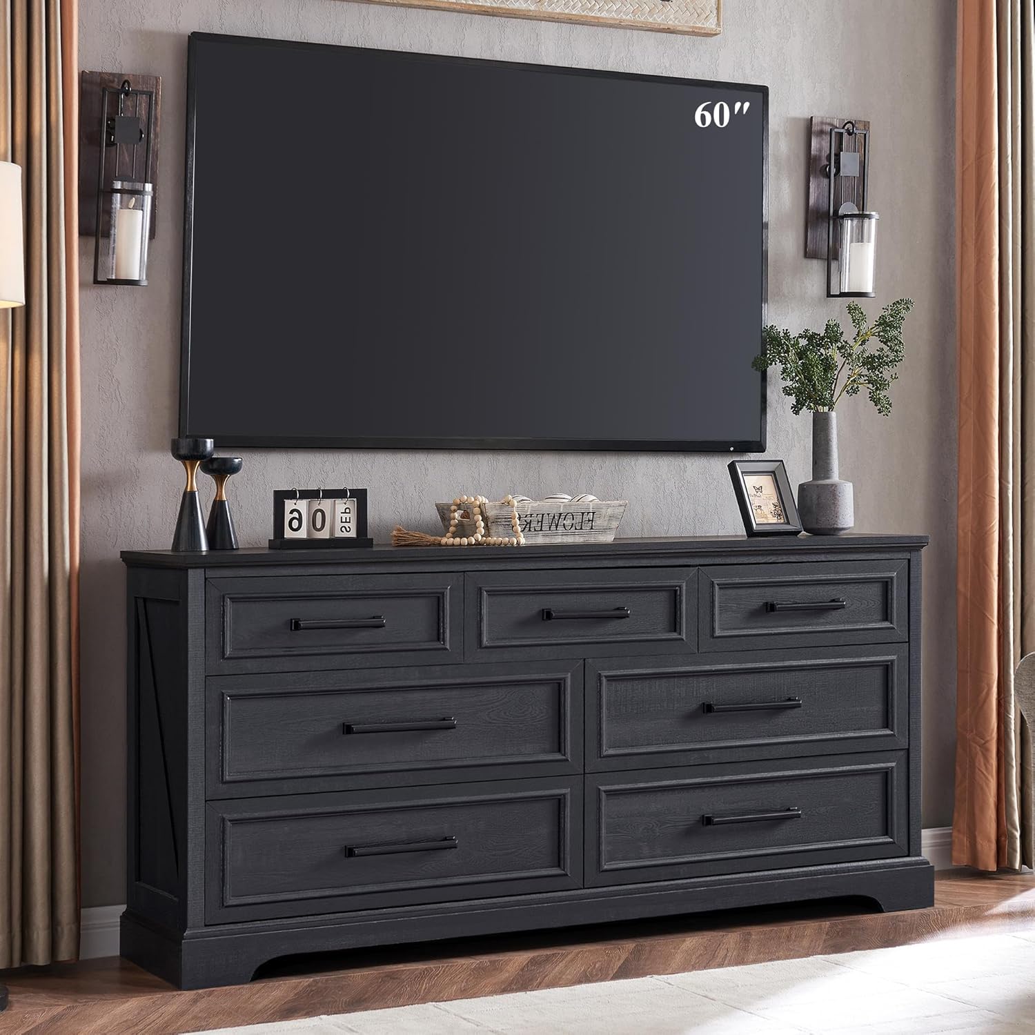 52" Wide Farmhouse 7-Drawer Dresser | Black Chest of Drawers