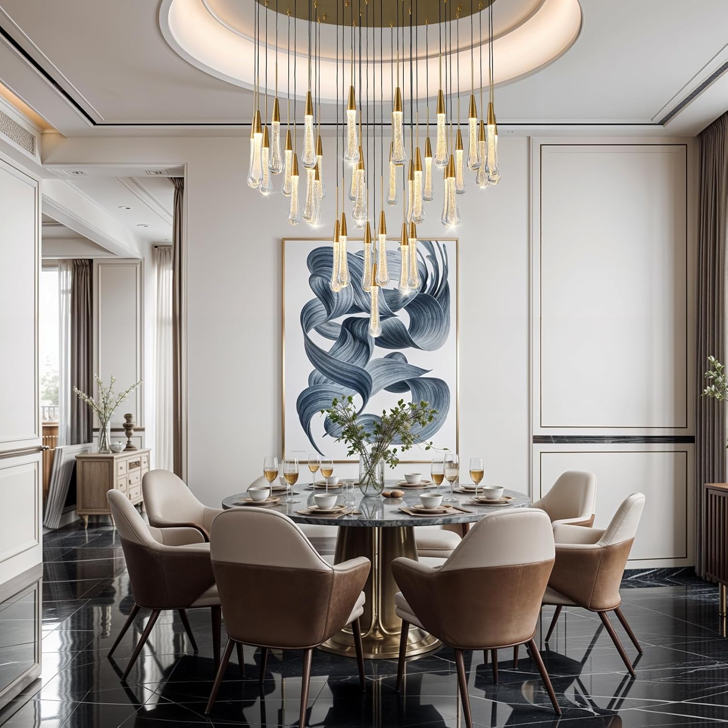 34-Light Gold Chandeliers for High Ceilings, Large Raine Chandelier for Foyer, Entryway, Staircase, Luxury Long Big Hanging Light Fixtures with Glass, Brass Pendant Light Fixtures Living Room