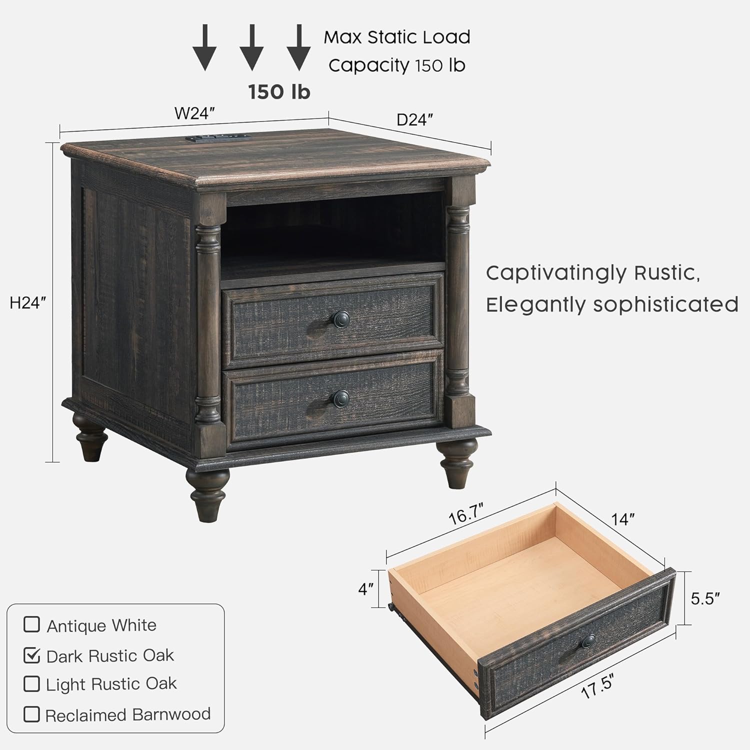 Farmhouse End Table with Charging Station & Solid Wood Feet